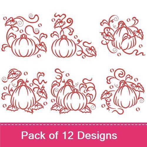 Redwork Elegant Pumpkins Embroidery Designs Bundle – Pumpkin with Vines, Ornamental Pumpkin, Pumpkin Arrangement & More (12 Designs)