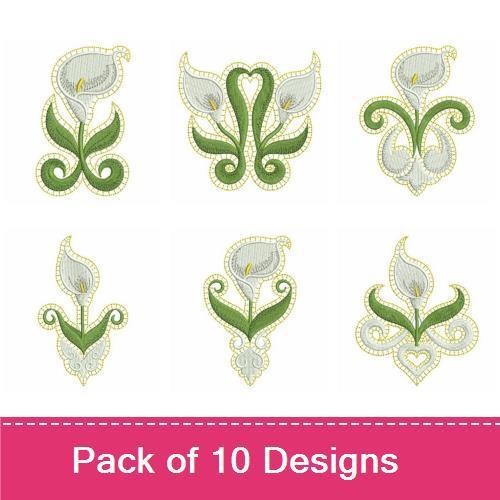 Elegant Calla Lily Embroidery Designs Bundle – Calla Lily with Leaves, Ornate Calla Lily, Simple Calla Lily & More (10 Designs)