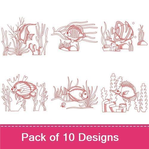 Redwork Underwater Fish Embroidery Designs Bundle – Tropical Fish, Clownfish, Angelfish & More (10 Designs)