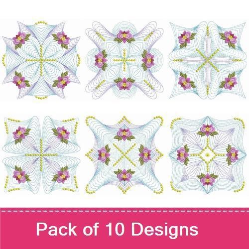 Rippled Floral Quilt Embroidery Bundle – Pink, Yellow, Blue Flowers & More (10 Designs)