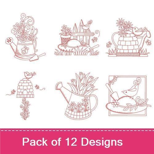 Redwork Garden Embroidery Bundle – Watering Can, Potted Flowers, Garden Tools & More (12 Designs)