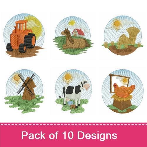 Farmyard Animals Embroidery Designs Bundle – Cow, Tractor, Horse & More (10 Designs)