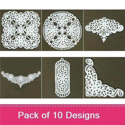 FSL Elegant Lace Embroidery Bundle – Floral Lace Square, Lace Doily, Lace Fan & More (10 Designs)