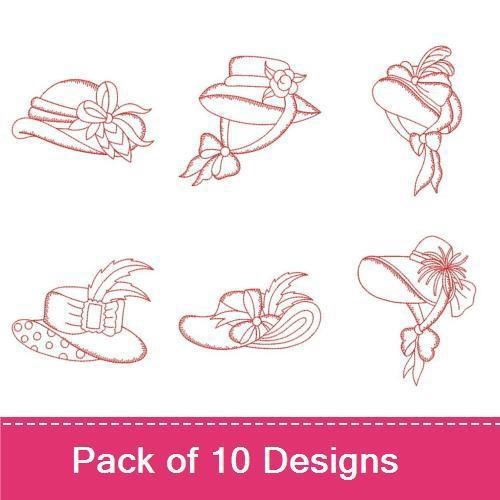 Redwork Vintage Ladies Hats Embroidery Designs Bundle – Wide Brim Hat, Elegant Hat, Straw Hat & More (10 Designs)