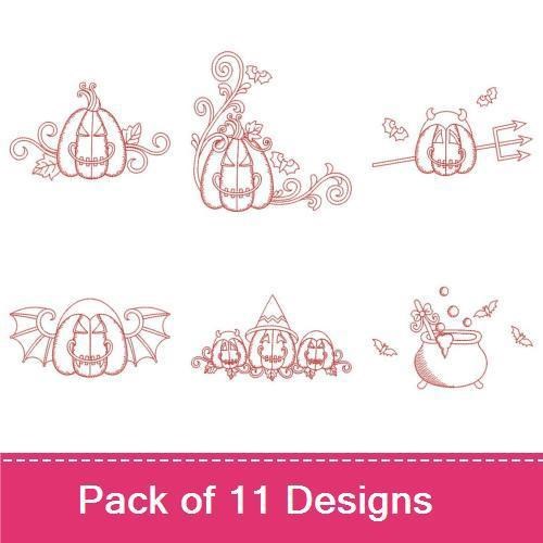 Redwork Whimsical Halloween Pumpkins Embroidery Designs Bundle – Happy Pumpkin Trio, Pumpkin with Witch Hat & More (11 Designs)