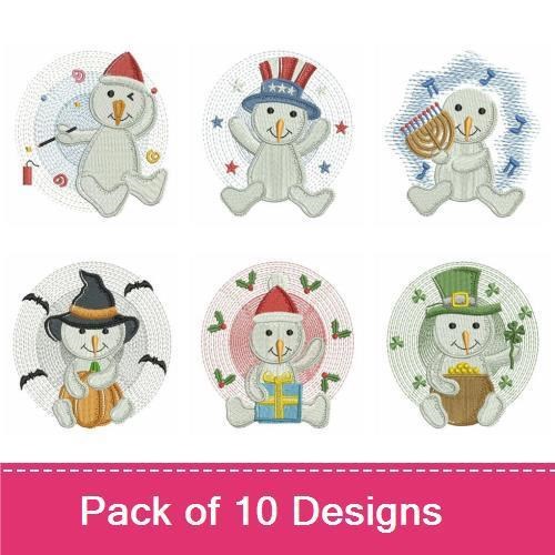 Snowman Embroidery Bundle – Red Hat, Blue Hat, Colorful Scarf & More (10 Designs)