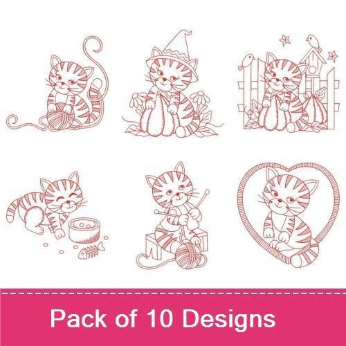 Redwork Playful Cats Embroidery Bundle – Cat with Yarn, Party Hat, Fish & More (10 Designs)