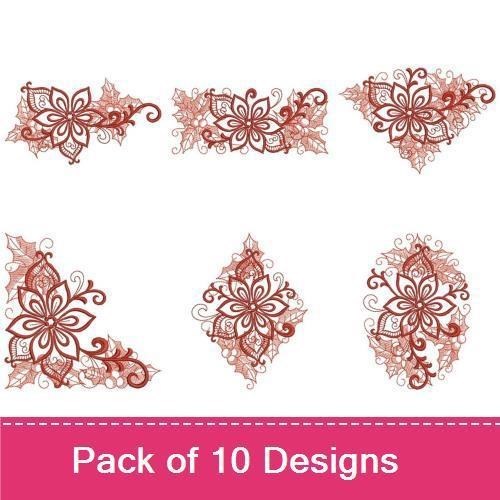 Redwork Floral Holiday Embroidery Designs Bundle – Floral Snowflake, Swirling Floral Ornament, & More (10 Designs)