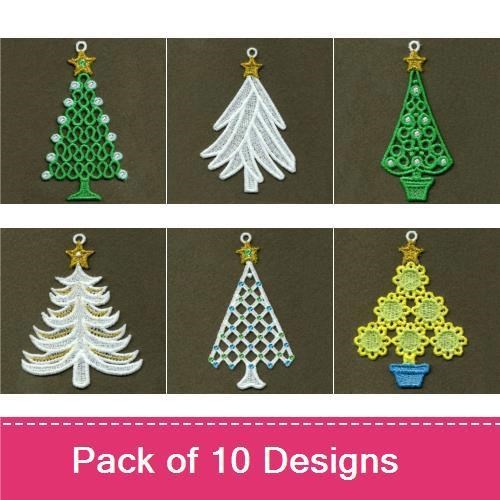 FSL Christmas Tree Ornament Embroidery Designs Bundle – Green Tree, Lace Tree, Gold Star & More (10 Designs)