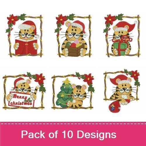 Christmas Tiger Embroidery Designs Bundle – Tiger with Sign, Santa Hat, Gift & More (10 Designs)