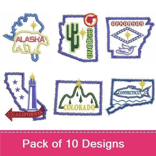 USA State Pride Embroidery Designs Bundle – California, Alabama, Alaska & More (10 Designs)