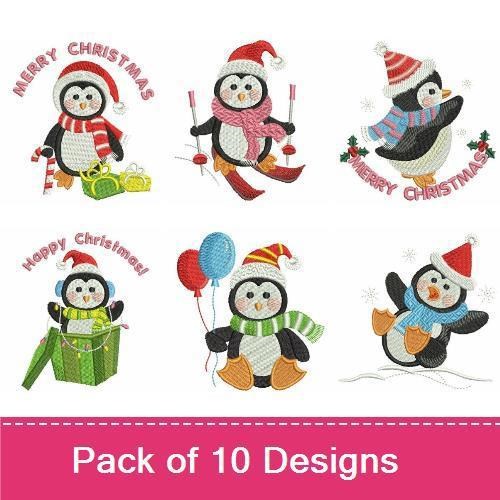 Festive Penguin Embroidery Designs Bundle – Penguin with Gifts, Merry Christmas Penguin, Joyful Penguin & More (10 Designs)