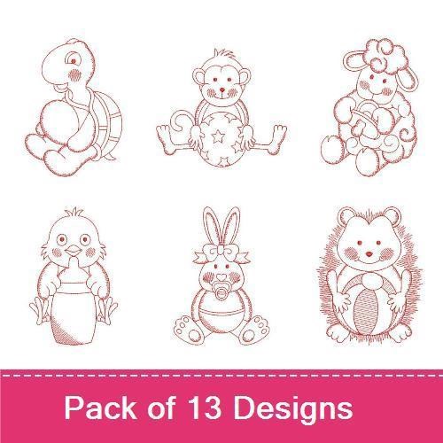 Redwork Baby Animals Embroidery Designs Bundle – Penguin with Bottle, Duckling, Teddy Bear & More (13 Designs)