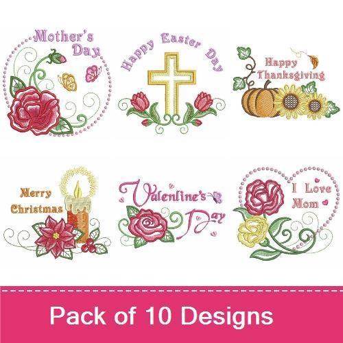 Seasonal Celebration Embroidery Designs Bundle – Christmas Ornament with Poinsettia, Happy Valentine's Day, Mother's Day Floral & More (10 Designs)