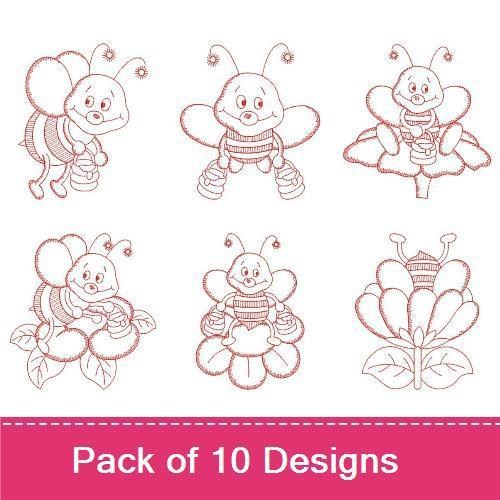 Redwork Cute Redwork Bees Embroidery Designs Bundle – Happy Bee with Flower, Bee with Balloon, & More (10 Designs)