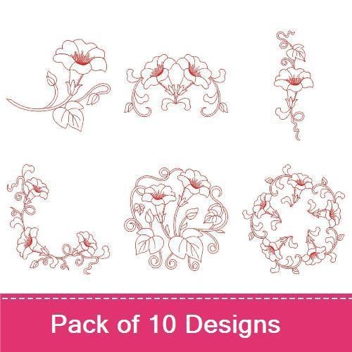 Redwork Morning Glory Embroidery Designs Bundle – Morning Glory with Vines, Morning Glory Bouquet, Elegant Morning Glory Arrangement & More (10 Designs)