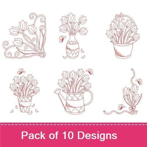 Redwork Tulip Flower Embroidery Bundle – Tulip Bouquet in Vase, Single Tulip on Stem, & More (10 Designs)