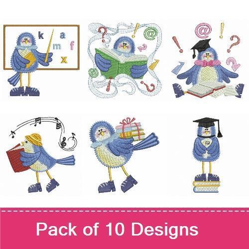 Cute Blue Bird Embroidery Designs Bundle – Reading, Graduation Cap, Pencils & More (10 Designs)