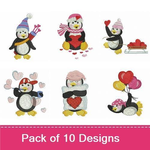 Valentine Penguins Embroidery Designs Bundle – Penguin with Heart, Penguin Holding Flowers, Penguin with Gifts & More (10 Designs)