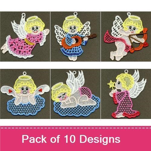 FSL Cute Angel Embroidery Designs Bundle – Angel Playing Guitar, Angel with Heart, Angel with Wings & More (10 Designs)