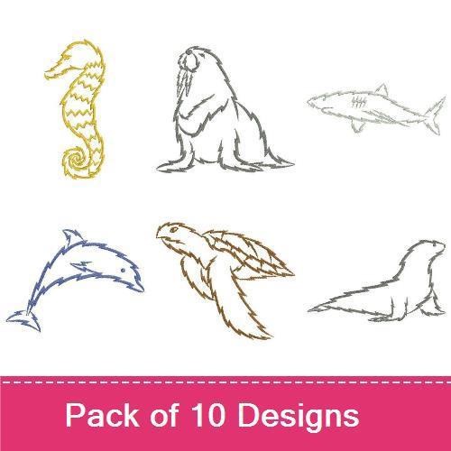 Redwork Coastal Creatures Embroidery Bundle – Seahorse, Walrus, Shark & More (10 Designs)