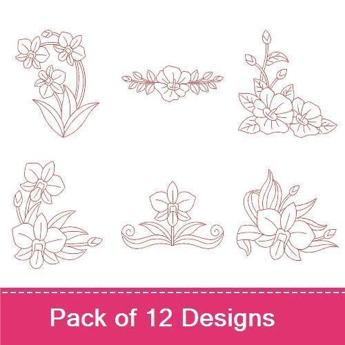 Redwork Elegant Floral Embroidery Designs Bundle – Floral Arrangement with Orchids, Rose Wreath, & More (12 Designs)