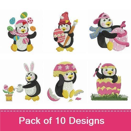 Easter Penguins Embroidery Bundle – Penguin with Basket, Penguin in Scarf, Penguin Decorating Egg & More (10 Designs)