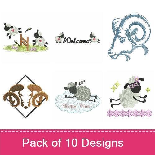 Farm Animal Embroidery Bundle – Jumping Sheep with Flowers, Welcome Text with Sheep, Sheep with Heart & More (10 Designs)