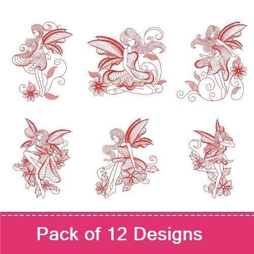 Redwork Whimsical Fairies Embroidery Bundle – Fairy with Flower, Fairy Dancing, Fairy with Moon & More (12 Designs)