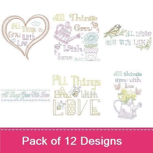 Redwork Gardening & Love Embroidery Bundle – Watering Can, Flower Pot, Bird & More (12 Designs)