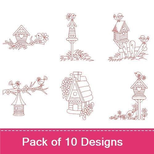 Redwork Birdhouses and Birds Embroidery Designs Bundle – Birdhouse with Flowers, Decorative Birdhouse, & More (10 Designs)