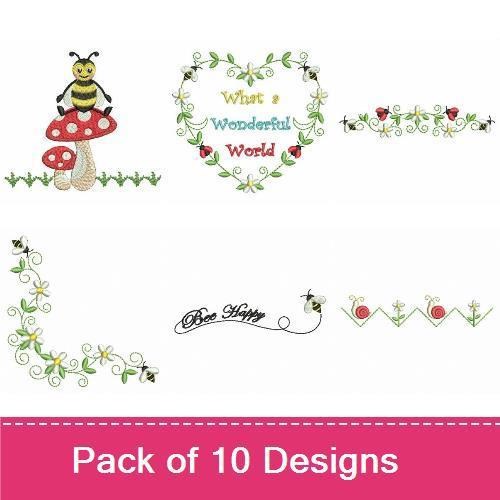 Bees & Garden Elements Embroidery Designs Bundle – Cheerful Bee, Happy Bee, Mushroom Design & More (10 Designs)