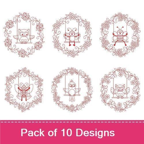 Redwork Woodland Animals Embroidery Bundle – Owl on Swing, Squirrel with Acorn, Rabbit with Carrot & More (10 Designs)