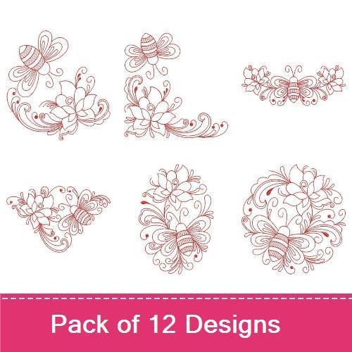 Redwork Bee and Floral Embroidery Designs Bundle – Floral Wreath with Bees, Ornate Bee Design & More (12 Designs)