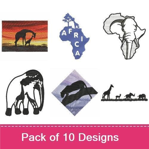 African Wildlife Silhouettes Embroidery Bundle – Lion, Giraffe, Elephant & More (10 Designs)
