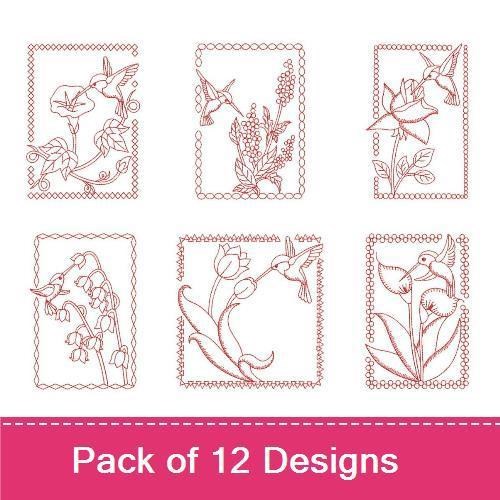 Redwork Hummingbird & Floral Embroidery Designs Bundle – Hummingbird with Flower, Ornate Floral Frame, & More (12 Designs)