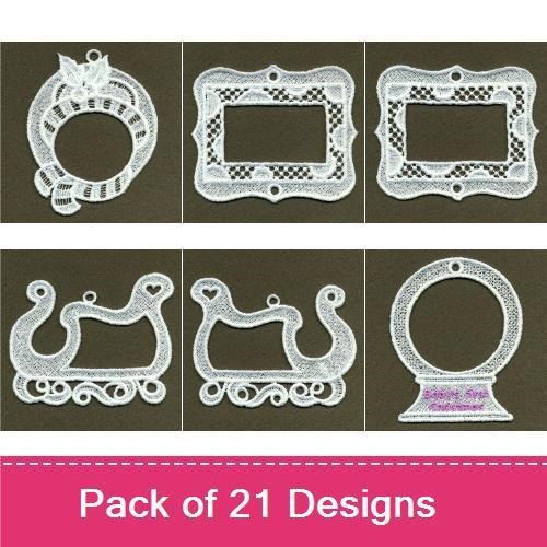 FSL Christmas Lace Ornaments Embroidery Designs Bundle – Candy Cane, Stocking, Bell & More (21 Designs)