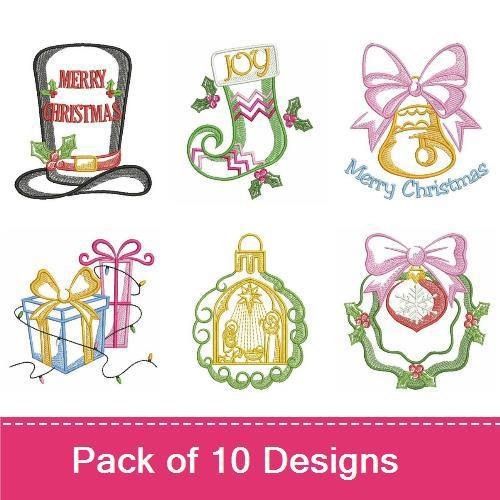 Whimsical Christmas Embroidery Designs Bundle – Christmas Top Hat, Stocking, Gift Box & More (10 Designs)