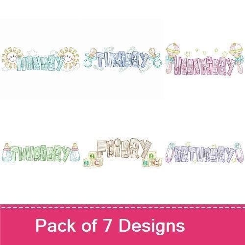 Days of the Week for Babies Embroidery Designs Bundle – Monday with Sun, Tuesday with Clouds, Wednesday with Rainbows, & More (7 Designs)