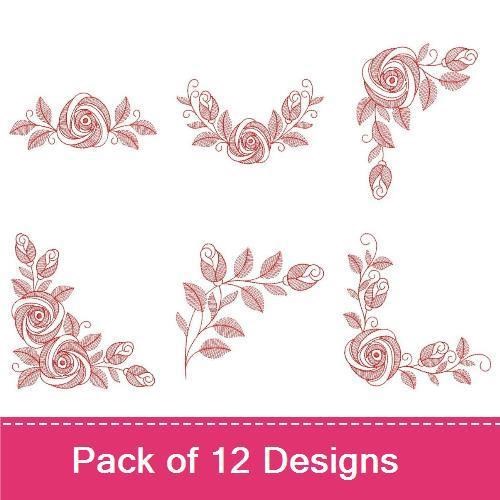 Redwork Elegant Rose Embroidery Bundle – Rose Corner, Rose Swag, Rose Border & More (12 Designs)