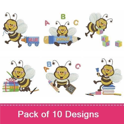 Back to School with Bees Embroidery Designs Bundle – Welcome Back to School Bee, Bee with Pencil, & More (10 Designs)