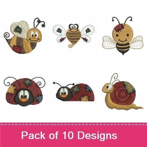 Cute Patchwork Bugs Embroidery Designs Bundle – Bee with Patchwork Wings, Ladybug with Heart, Patchwork Snail & More (10 Designs)