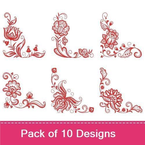 Redwork Jacobean Flower Corners