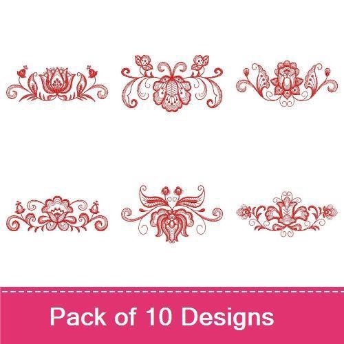 Redwork Floral Vintage Embroidery Designs Bundle – Elegant Blossoms, Ornamental Flourishes & More (10 Designs)