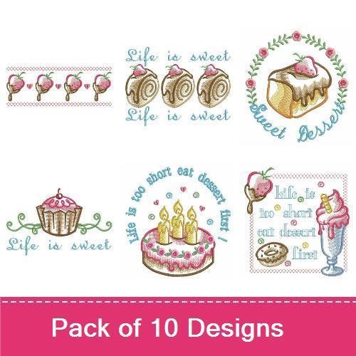 Sweet Treats Embroidery Designs Bundle – Cupcake, Ice Cream Cone, Life is Sweet Quote & More (10 Designs)