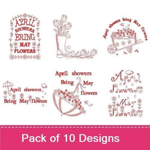 Redwork April Showers Bring May Flowers Embroidery Designs Bundle – Watering Can, Flower Basket, Floral Border & More (10 Designs)