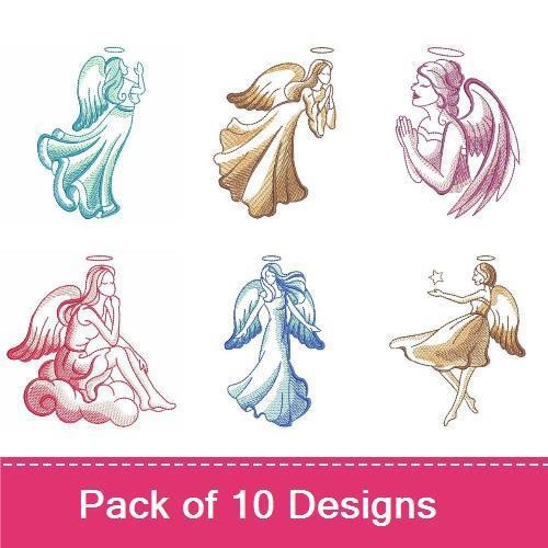Elegant Angels Embroidery Designs Bundle – Angel with Halo, Angel Dancing, Angel Holding Trumpet & More (10 Designs)