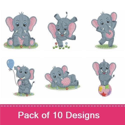 Playful Baby Elephants Embroidery Bundle – Standing Elephant, Elephant with Balloon, Elephant with Heart & More (10 Designs)
