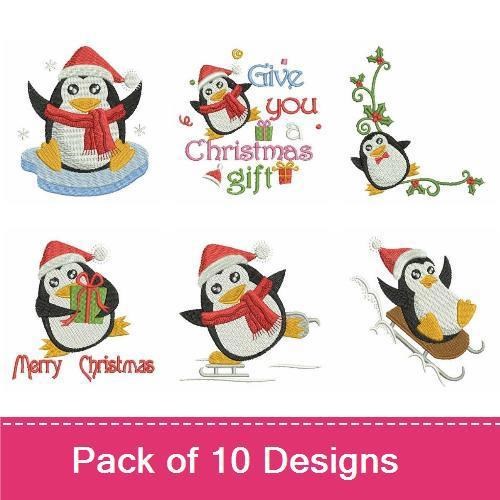Festive Penguins Embroidery Bundle – Santa Penguin, Penguin with Gift, Penguin on Ice & More (10 Designs)