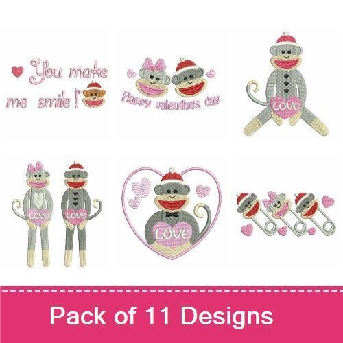 Sock Monkey Love Embroidery Designs Bundle – Sock Monkey with Heart, Happy Valentine's Day, Sock Monkey Celebration & More (11 Designs)